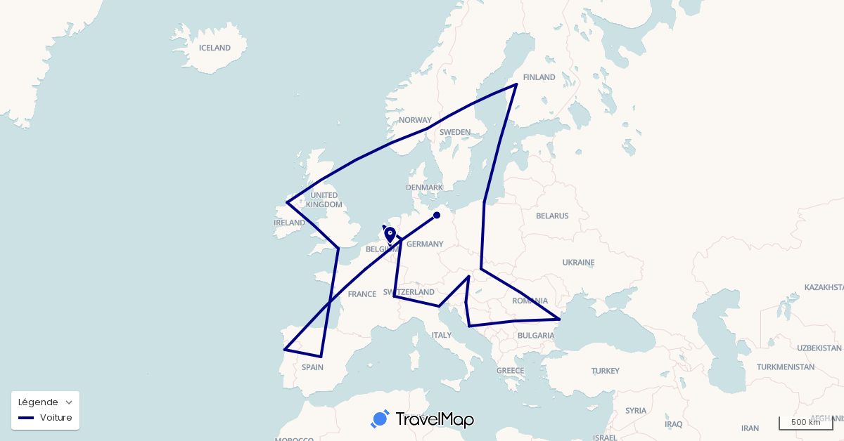 TravelMap itinerary: driving in Austria, Belgium, Switzerland, Germany, Spain, Finland, France, United Kingdom, Croatia, Ireland, Italy, Netherlands, Norway, Poland, Portugal, Romania, Slovakia (Europe)